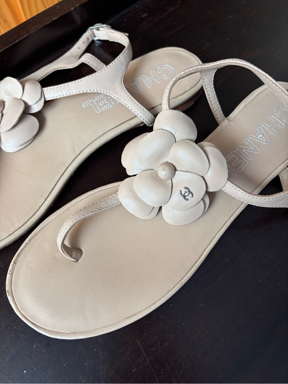 Chanel Beige Camellia Leather Thong Sandals